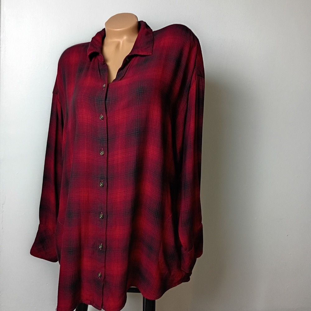 J. Jill Womens XL Red Black Ombre Plaid Button Down Long Sleeve Tunic Shirt